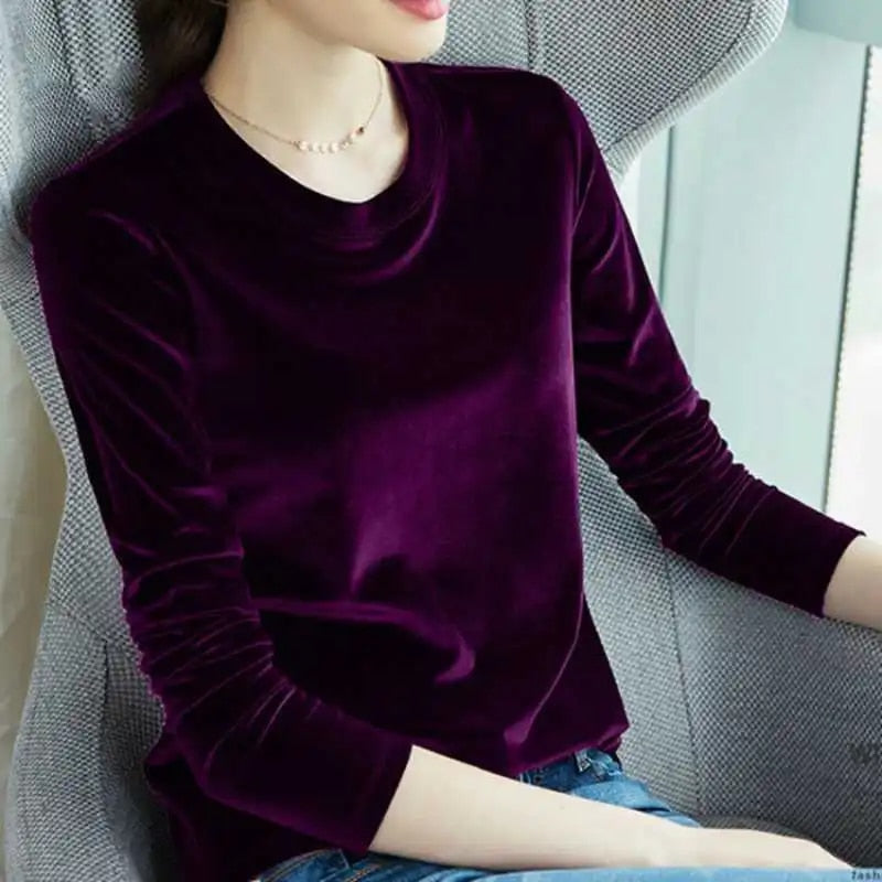 Spring Long Sleeve Loose Early Autumn T-shirt Women Gold Velvet Short Paragraph image 11