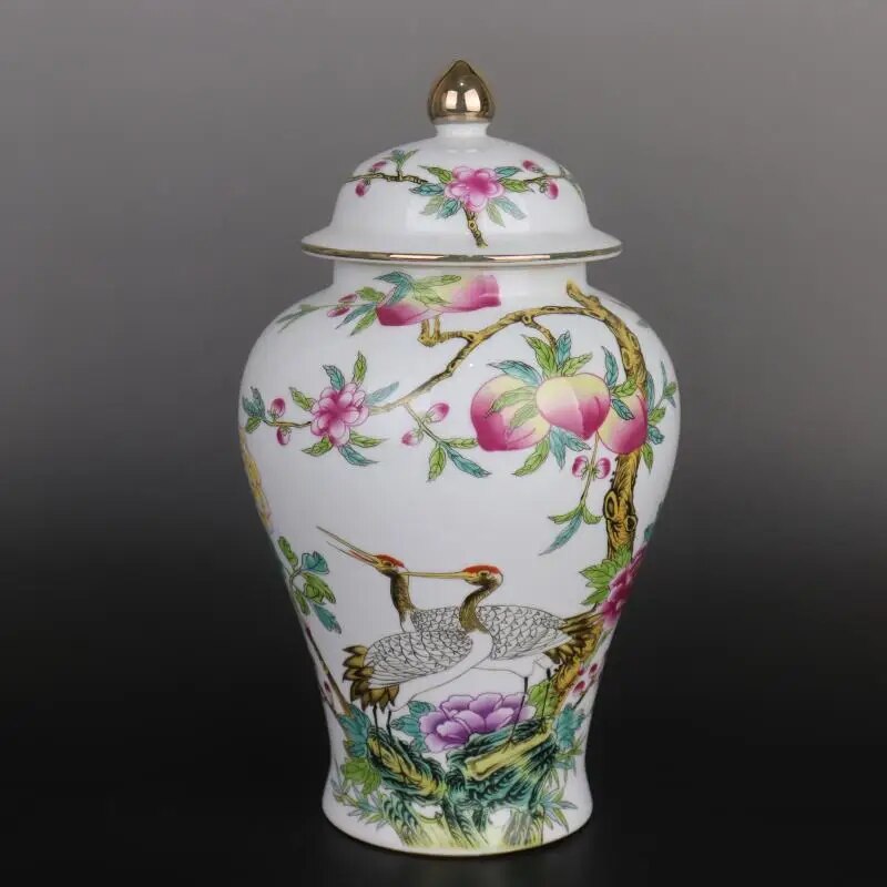 White Chinese Lidded Vase Crane Longevity Peach Chinese Vase With Peaches Gold image 0