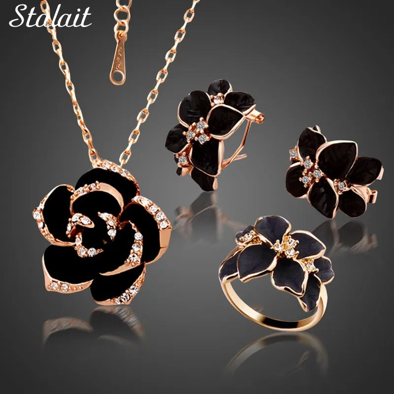 Fashion Rose Flower Enamel Jewelry Set Rose Gold Color Black Bridal Jewelry Set image 0