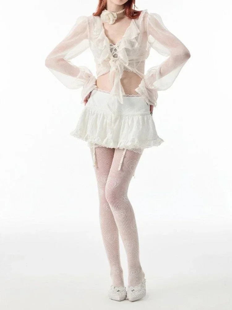 HOUZHOU Coquette Mini Skirt Women 2023 Kawaii Lace Mesh Patchwork Cute White Hi image 2