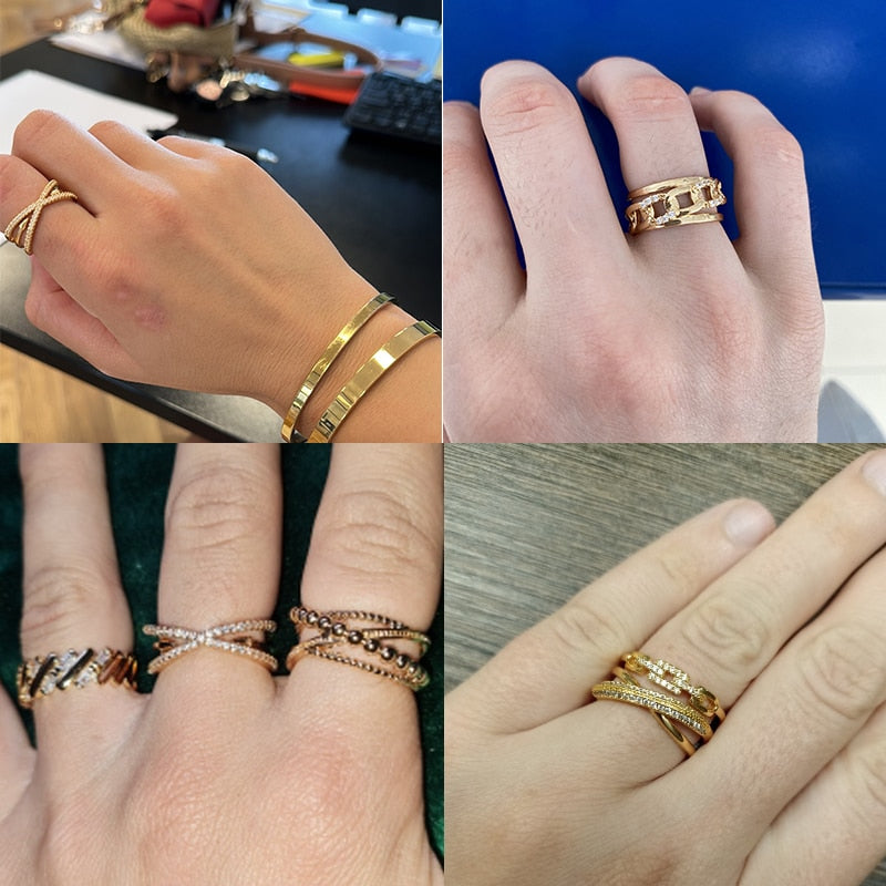 Fashion Gold Color Stainless Steel Rings For Women Chain Hollow Out Crystal Zir image 25