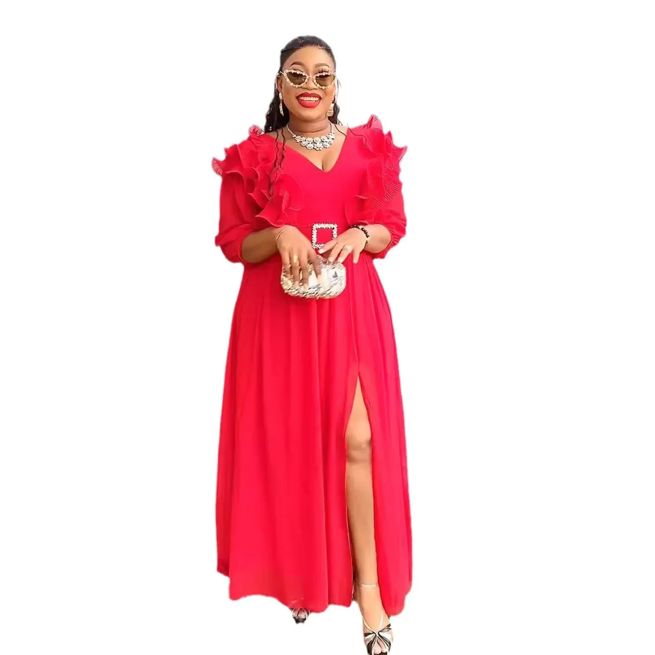 African Party Evening Wedding Dresses for Women 2024 Summer V-neck Polyester 3/ image 0