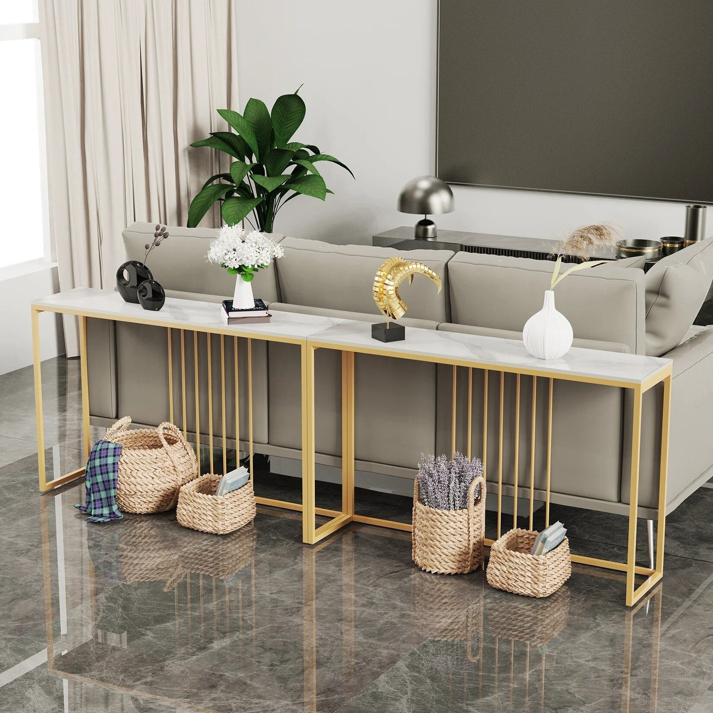 47.2" Extra Long Console Table Sintered Top Gold Metal Leg Sofa Table for Hallw image 5