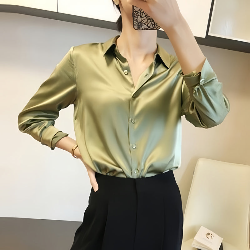 All-match Satin Finish Shirts And Blouses Women Clothing Casual Top OL Long Sle image 7