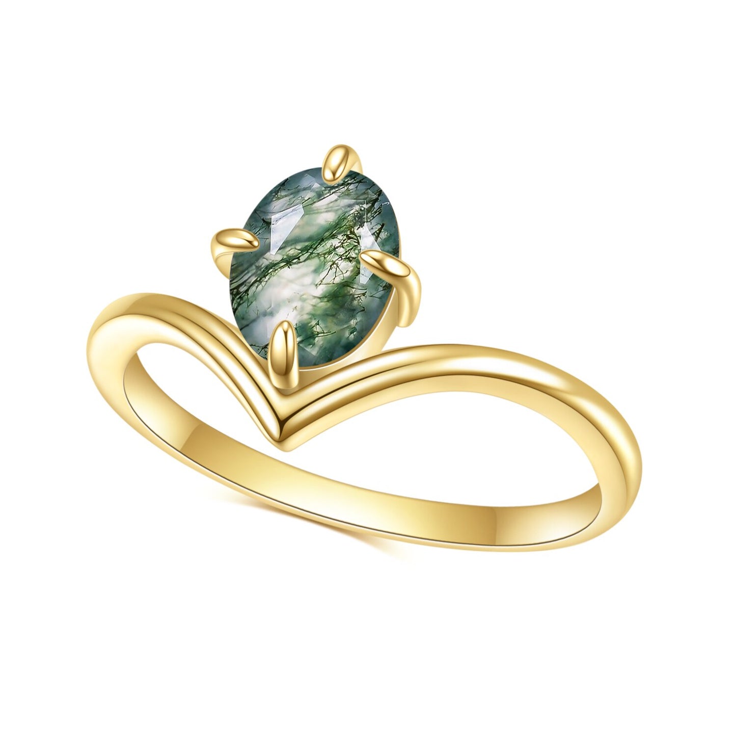 GEM'S BALLET Gold Curved Ring 1.18Ct 6x8mm Oval Natural Moss Agate image 0