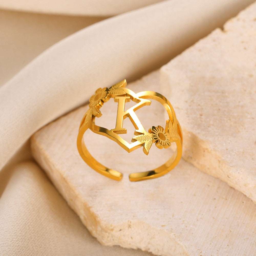 Stainless Steel Initials Flower Heart Rings Gold Color Adjustable Delicate Lett image 10