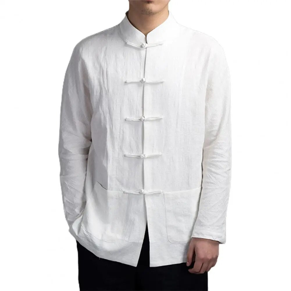 Men Autumn Chinese Style Shirt Top Mandarin Collar Long Sleeve Shirt Traditiona image 1