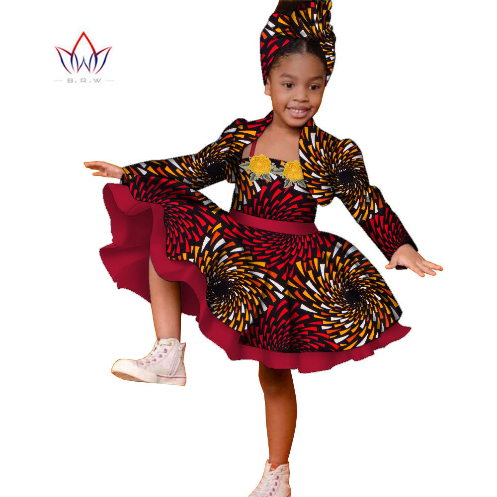 3pcs Set African Kids Gril Dashiki Dress Coat and Headtie Suits Africa Print Pa image 3