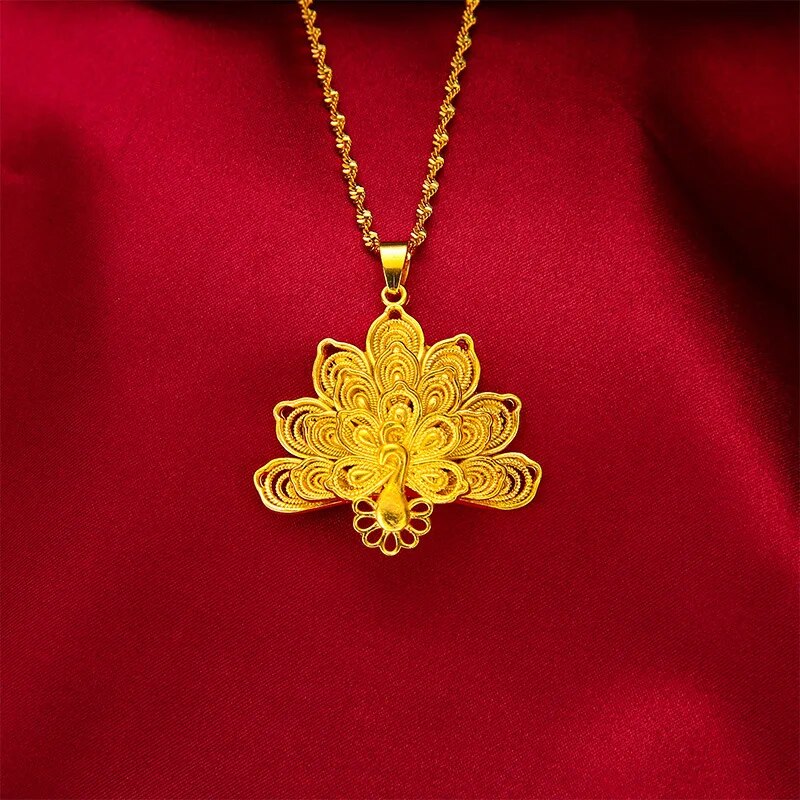 Charm Necklaces For Women 24K Yellow Gold Color Peacock Pendant Necklace Chain image 5