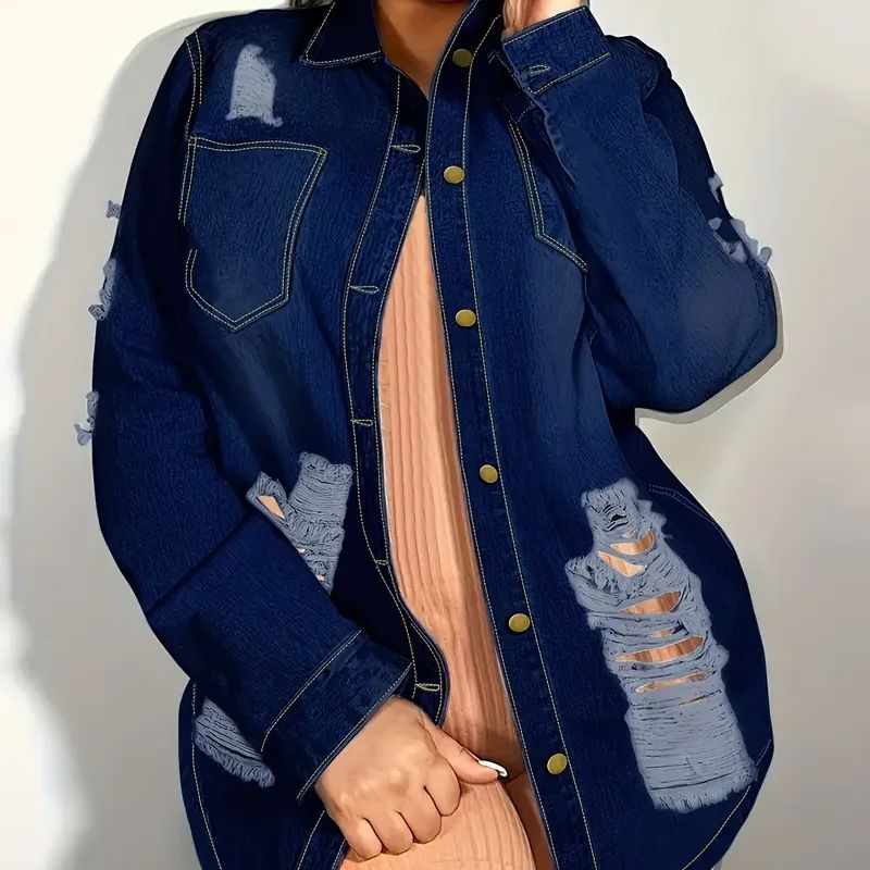 Women Solid Color Stylish Button-down Denim Shirt Ripped Pocket Long-sleeved De image 1