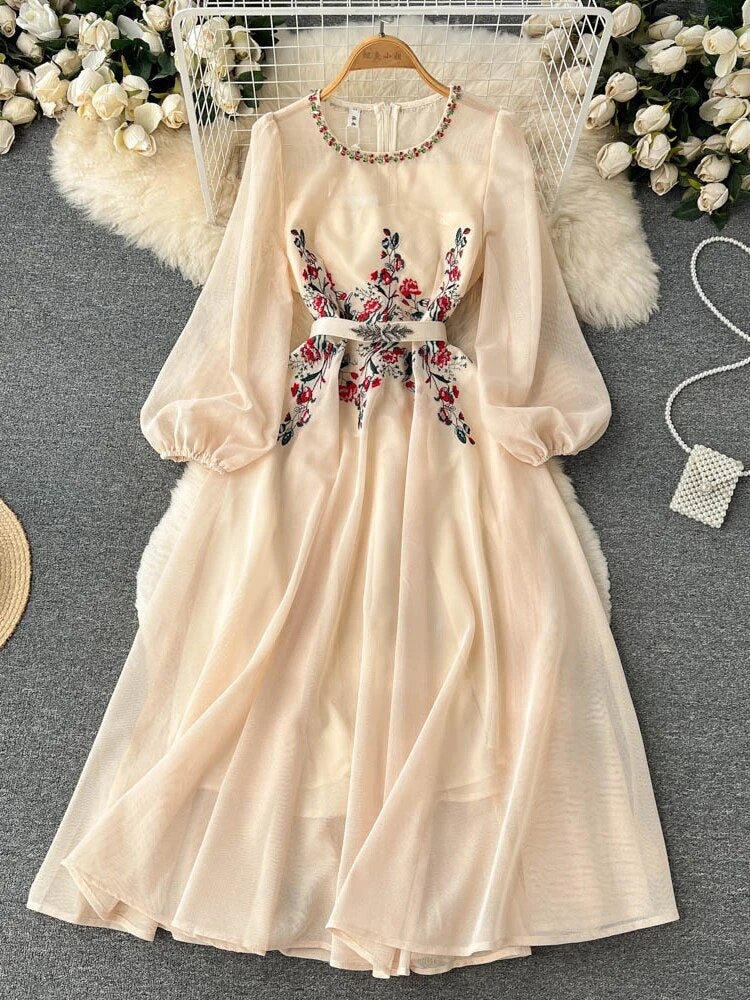 Autumn White/Beige Beading Embroidered Long Dress For Women Elegant O-Neck Puff image 0