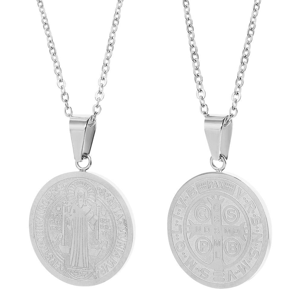 Catholic Saint Benedict Medallion Pendant Necklace for Women Men Gold Silver image 2