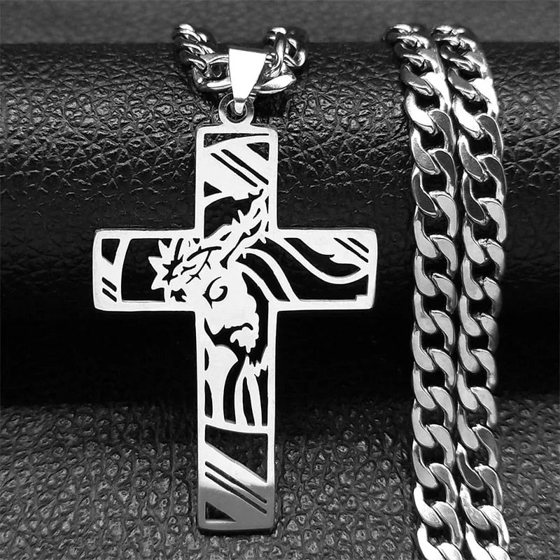 Hip Hop Punk Crown of Thorns Jesus Cross Necklace for Men Stainless Steel Gold image 1