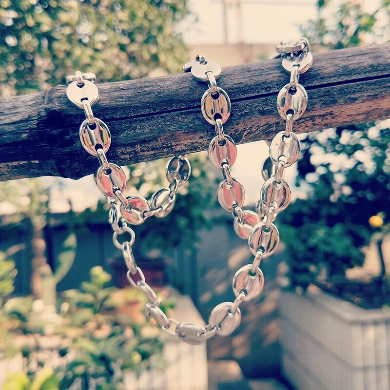 Width 11MM Stainless Steel Gold Plated Coffee Beans Link Chain Necklace Bracele image 9