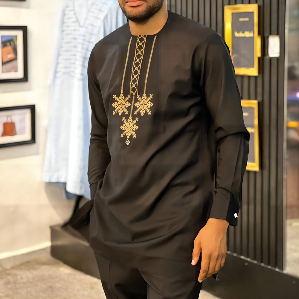Kaftan African Men's Suit White Long Sleeve Stitching Shirt and Social Pants 2 image 2