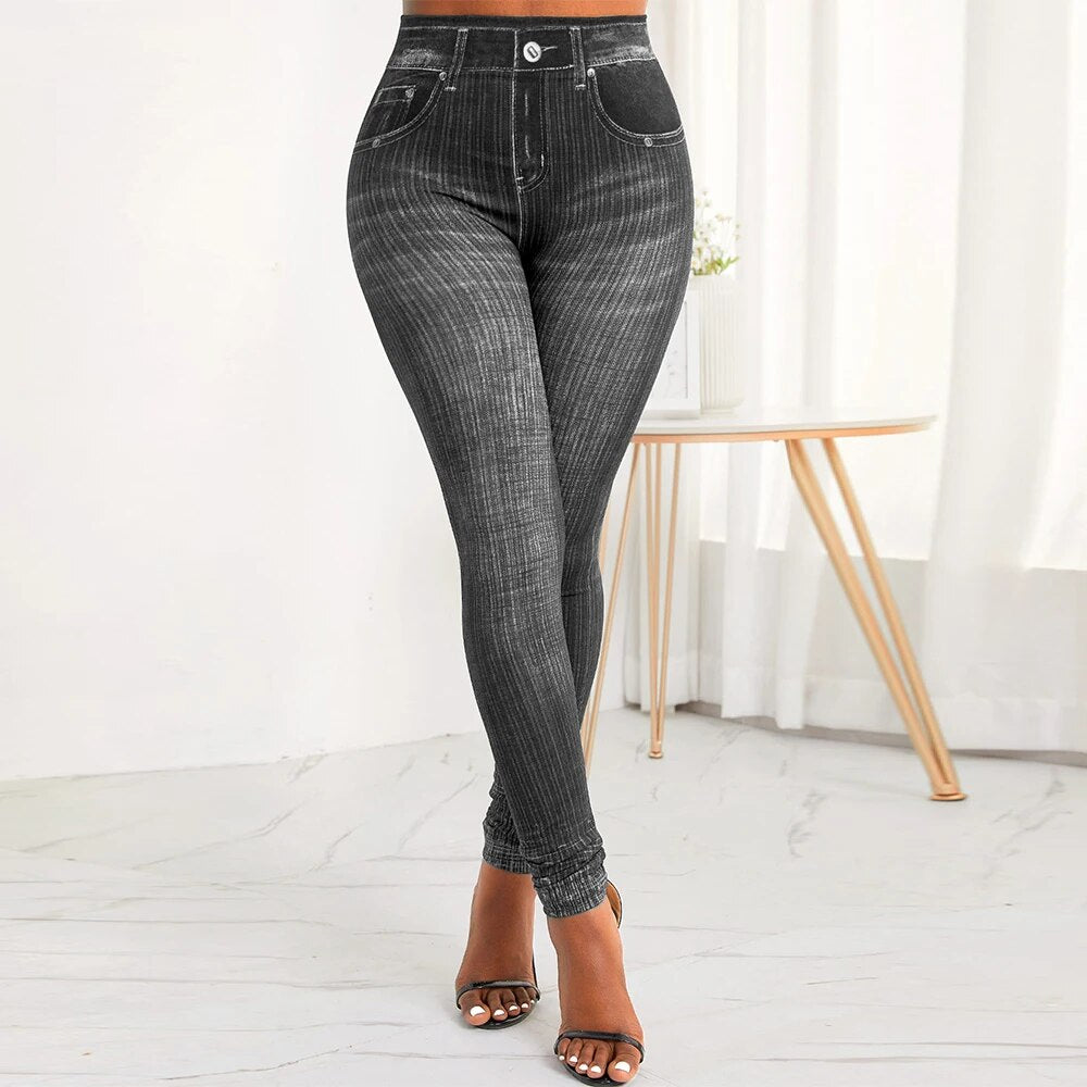 Women's Faux Denim Jeans High Waist Pants Ladies Casual Stretchy Skinny Trouser image 0