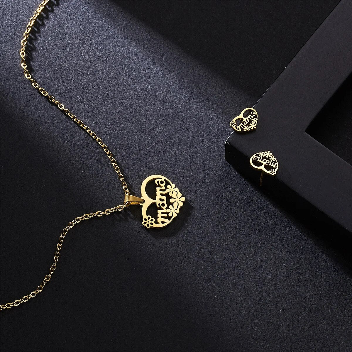 Stainless Steel Gold Color I Love MAMA Letter Necklace Earrings Set For Women H image 9