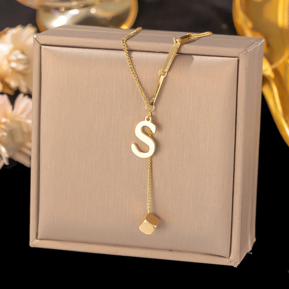 Stainless Steel Initial Letter Necklace For Women Gold Color 26 Alphabet Pendan image 16