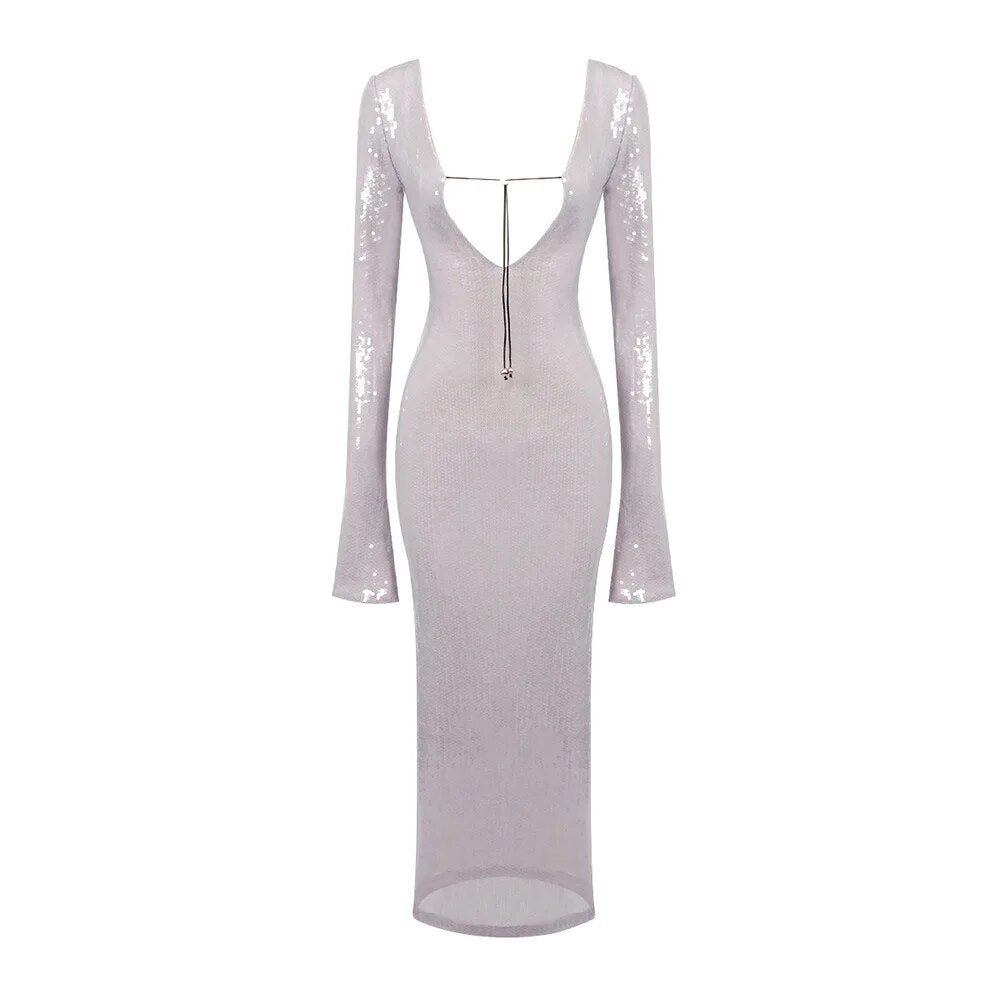 Elegant Lace Up Deep V Bandage Dress Long Sleeves Ankle Length Party Dresses fo image 0
