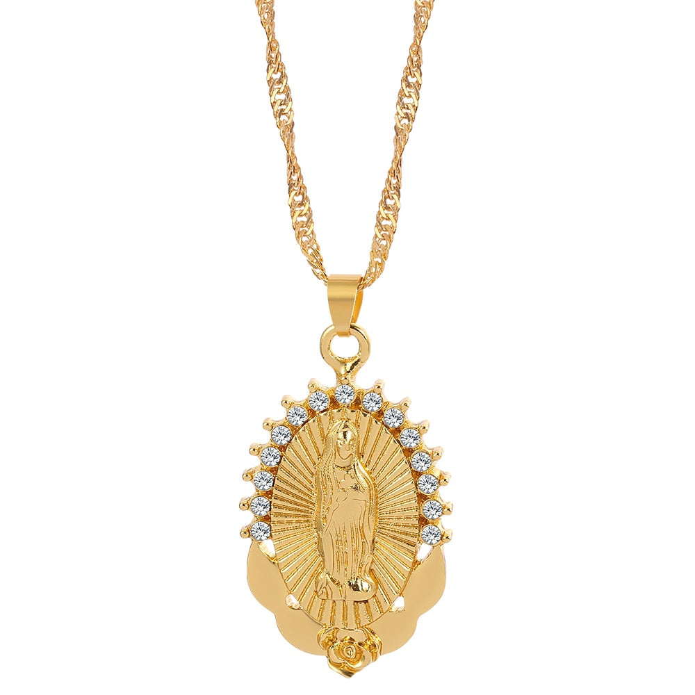 Virgin Mary Necklace Gold Color Bijoux Imitation Crystal Statement Necklace image 1
