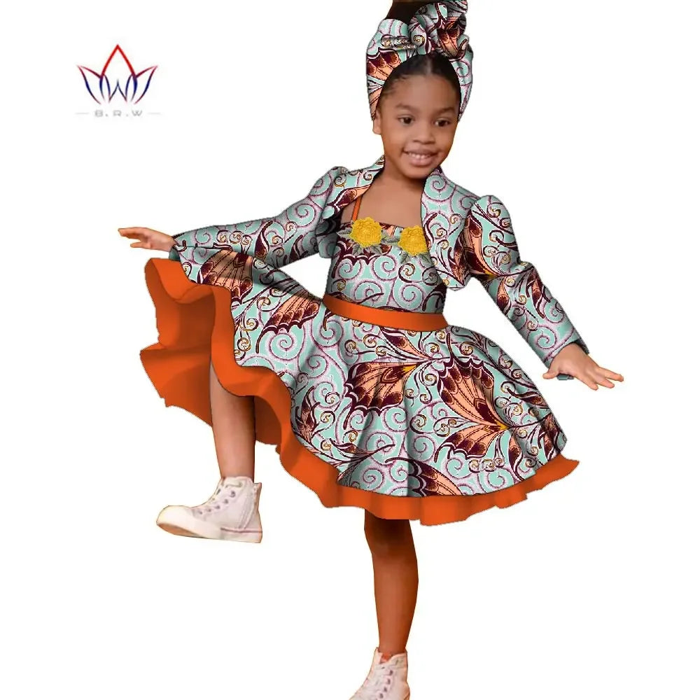 3pcs Set African Kids Gril Dashiki Dress Coat and Headtie Suits Africa Print Pa image 14