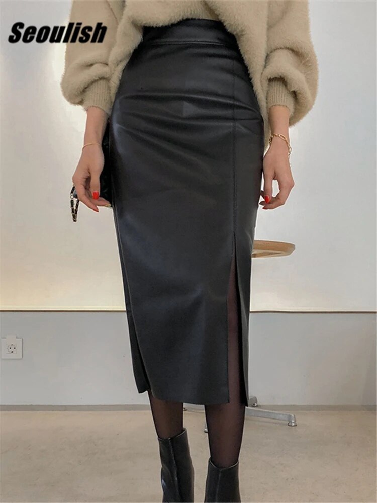 Seoulish Black PU Faxu Leather Women's Wrap Skirts 2023 New Autumn Winter High image 0