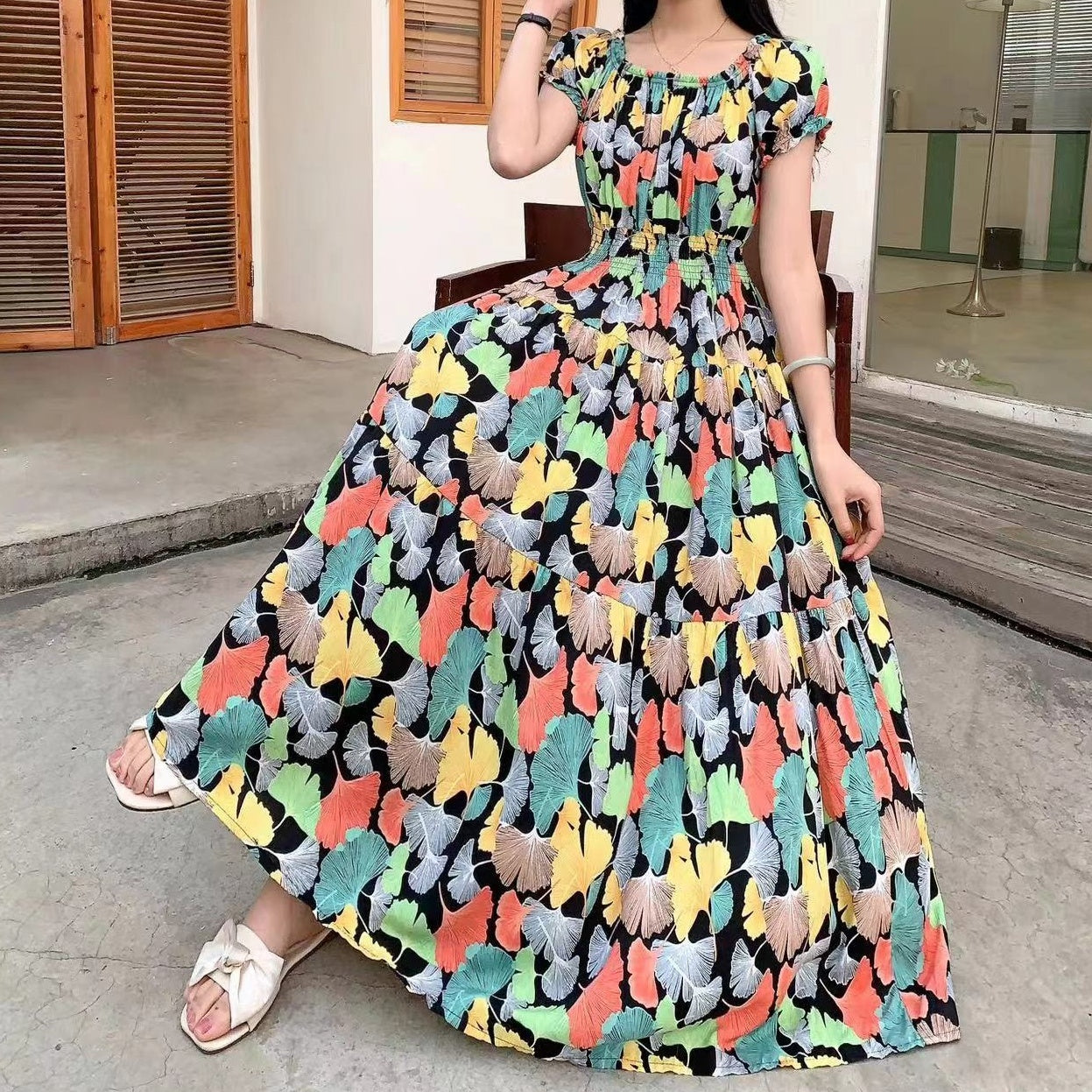 Bohemian Summer Trendy New Elegant Retro Vintage Midi Dress Large Swing Print E image 6