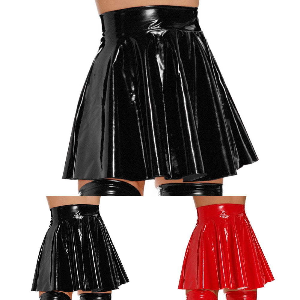 Women Wet Look PVC Leather Skirt Pleated Short Dress Dance Party Clubwear Solid image 3