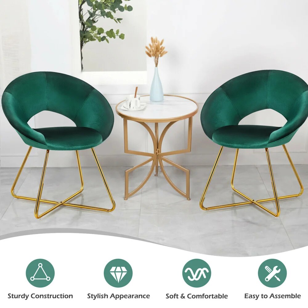 Accent Velvet Chair Dining Arm Chair Make-up Stool W/Golden Metal Leg Dark Gree image 6