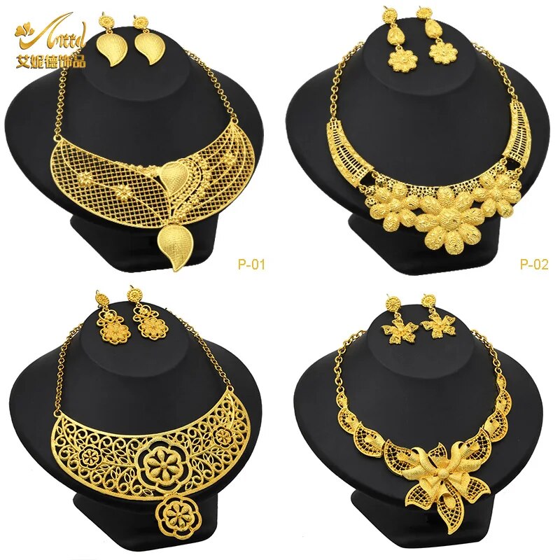 Indian Gold Plated Jewelry Set For Women African Bridal 24K Gold Color Necklace image 34