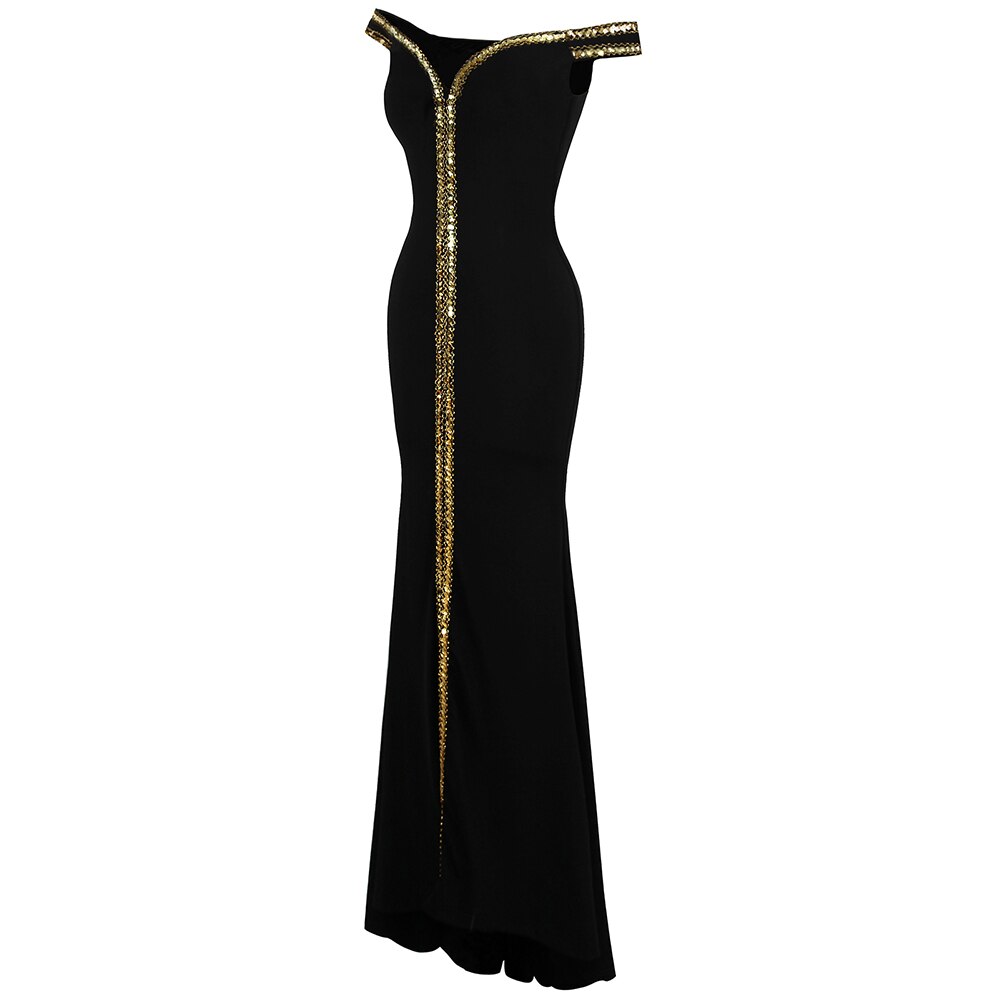 Angel-fashions Women's Boat Neck Formal Black Dress Gold Sequin Slit Evening image 6