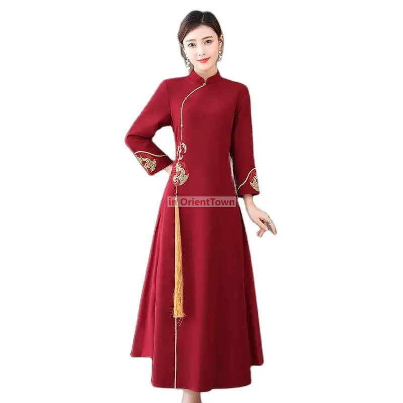 Asian Gown Women Dress Spring Autumn Full Sleeve Ladies Improved Cheongsam AO D image 3