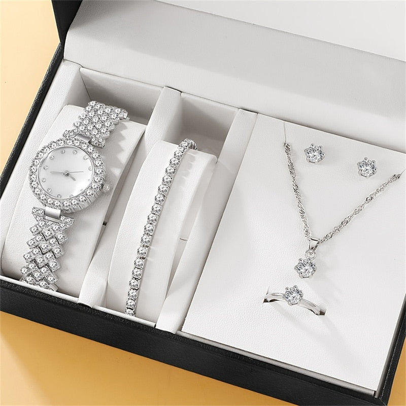 6PCS Set Luxury Watch Women Ring Necklace Earring Rhinestone Fashion Wristwatch image 1