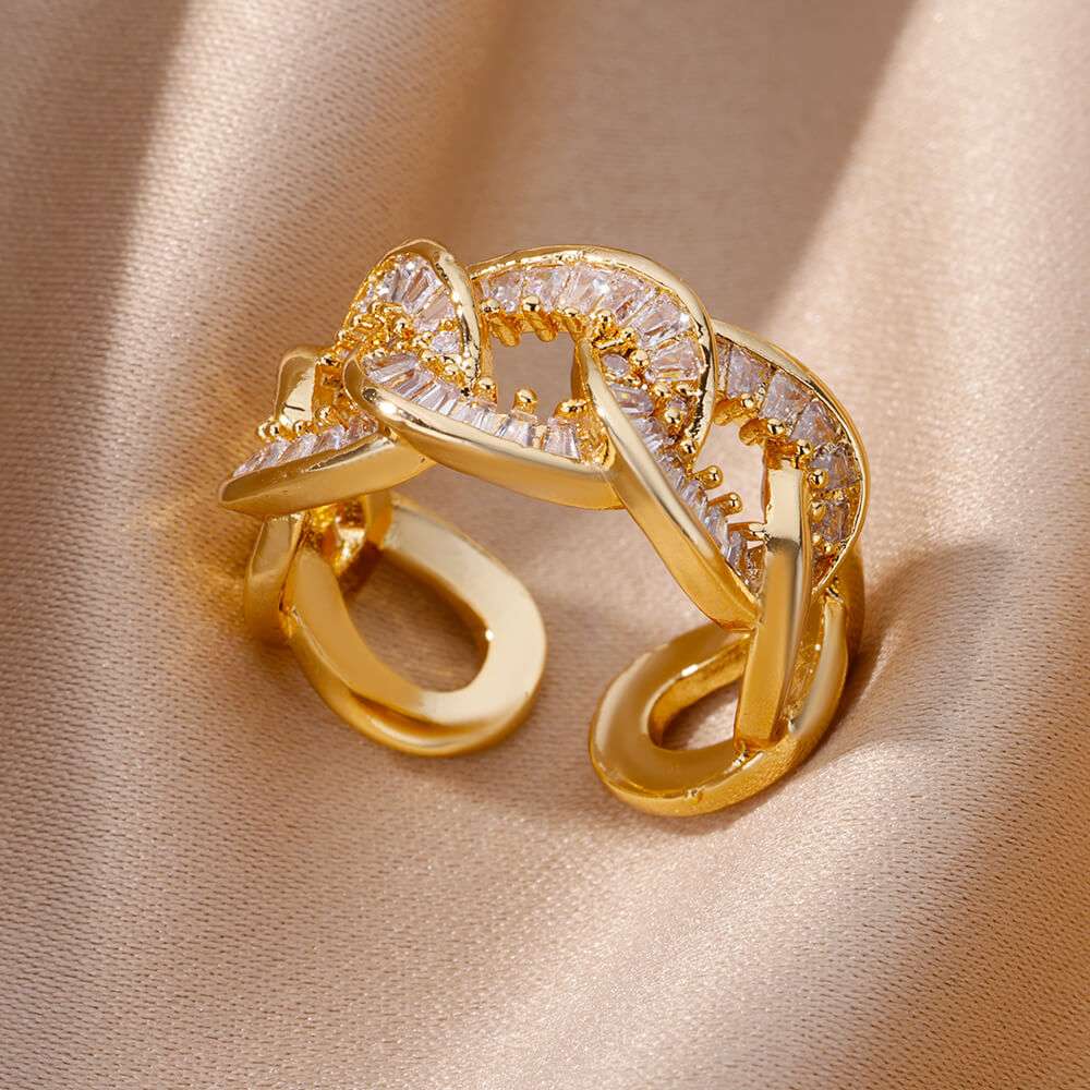Fashion Gold Color Stainless Steel Rings For Women Chain Hollow Out Crystal Zir image 10