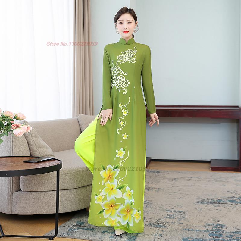 2024 vietnamese aodai dress women traditional flower print vintage elegant qipa image 1