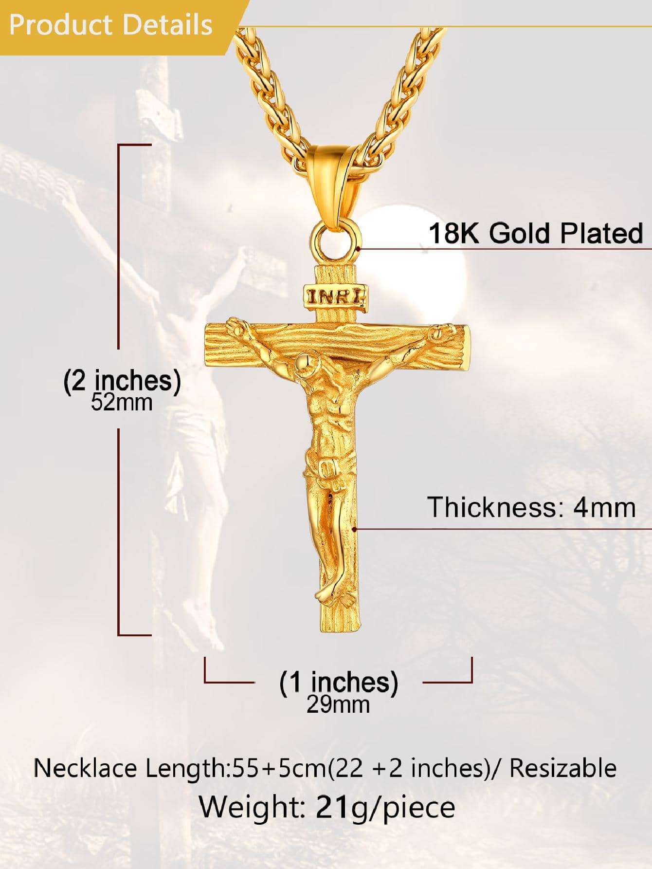 U7 Men INRI Cross Pendant Baptism Christian Jewelry Stainless Steel/Gold/Black/ image 13