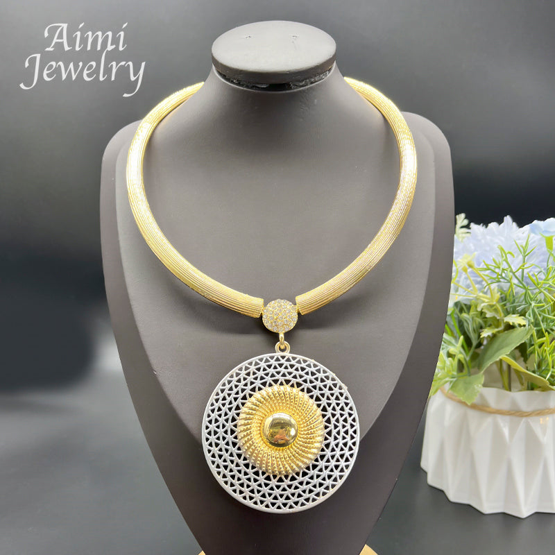 Large Round Pendant 18K Gold Plated Jewelry Set for Women Necklace Earrings Bra image 2