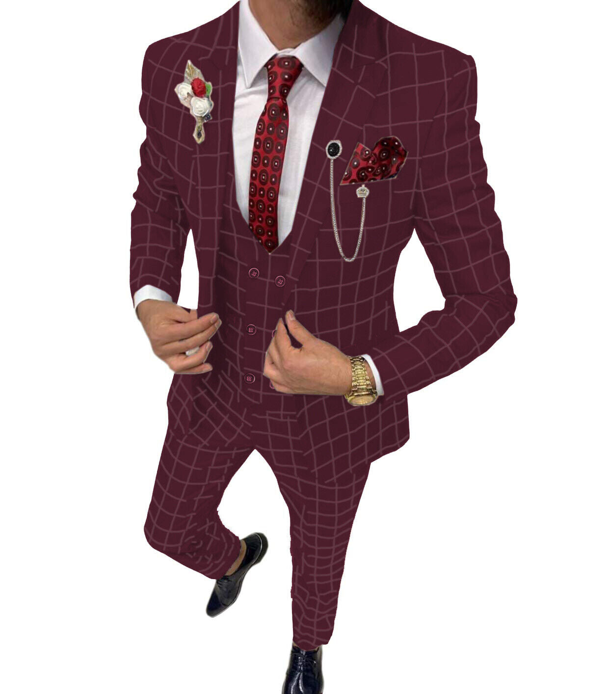 Elegant Men's Suit 3 Pieces Plaid Tuxedos Business Suits Slim Fit Double Breast image 1