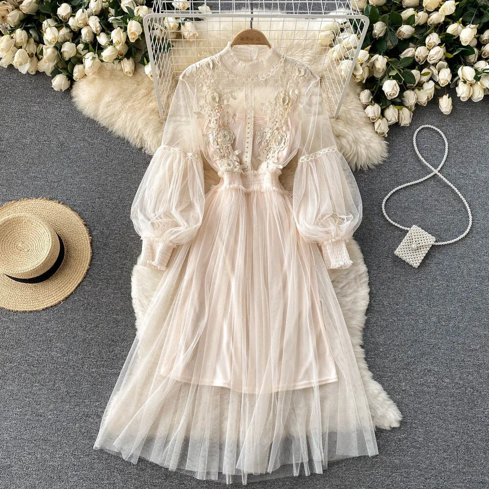Women Evening Dress Three-dimensional Decoration Floral Mesh Stand Collar Lante image 4