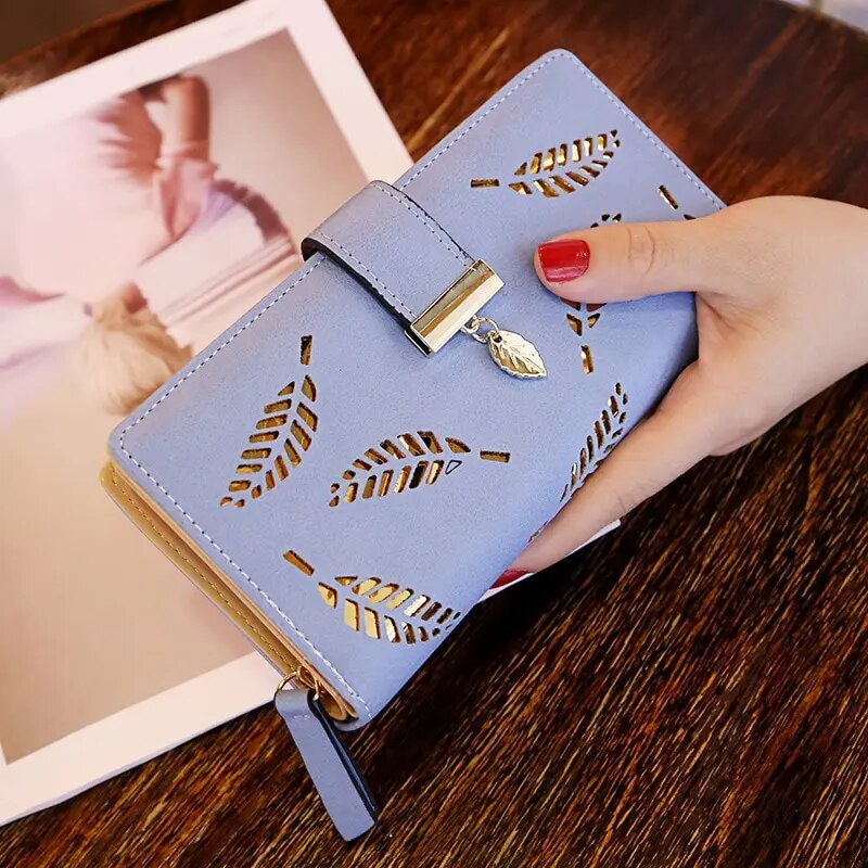 Fashion PU Leather Wallet Purse Women Long Wallet Gold Hollow Leaves Pouch Hand image 2