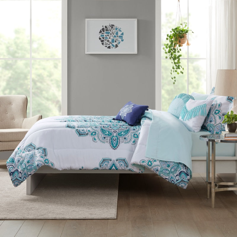Mainstays Teal Medallion 10 Piece Bed in a Bag Comforter Set with Sheets, Queen image 2