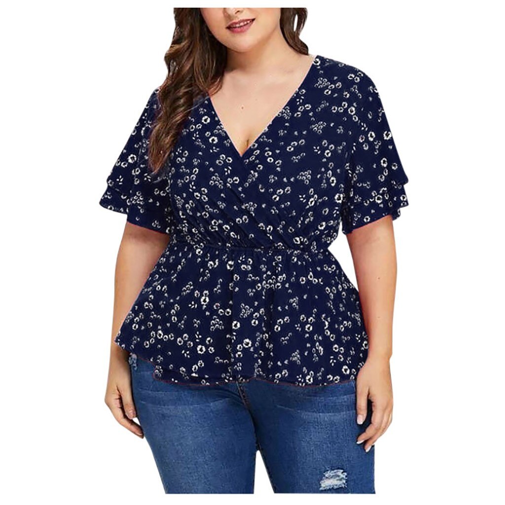 Blusas de moda para mujer con estampado de flores de talla grande, blusas de manga corta con cuello en V