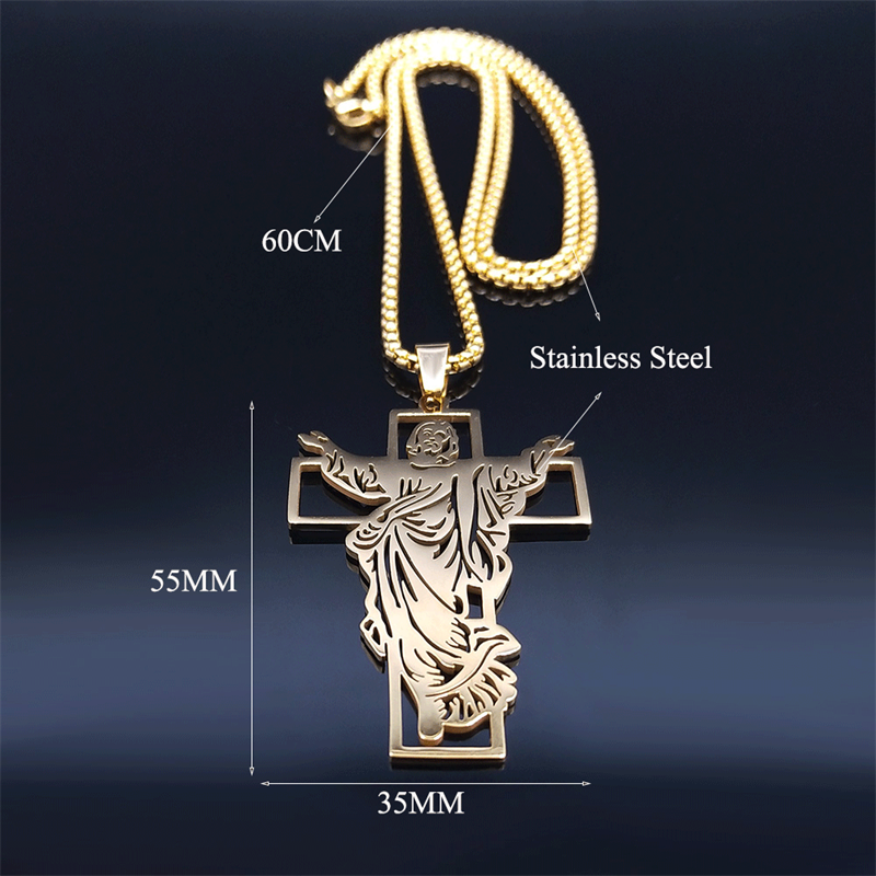 Jesus Cross Stainless Steel Pendant Necklace Gold Color Women/Men Religious image 12