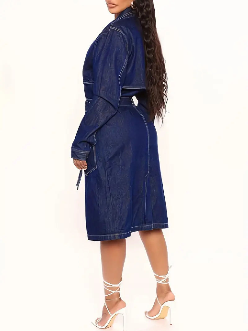 Women's Blue Denim Trench Coat - Elegant Long Jean Jacket with Belt, Flap Pocke image 5