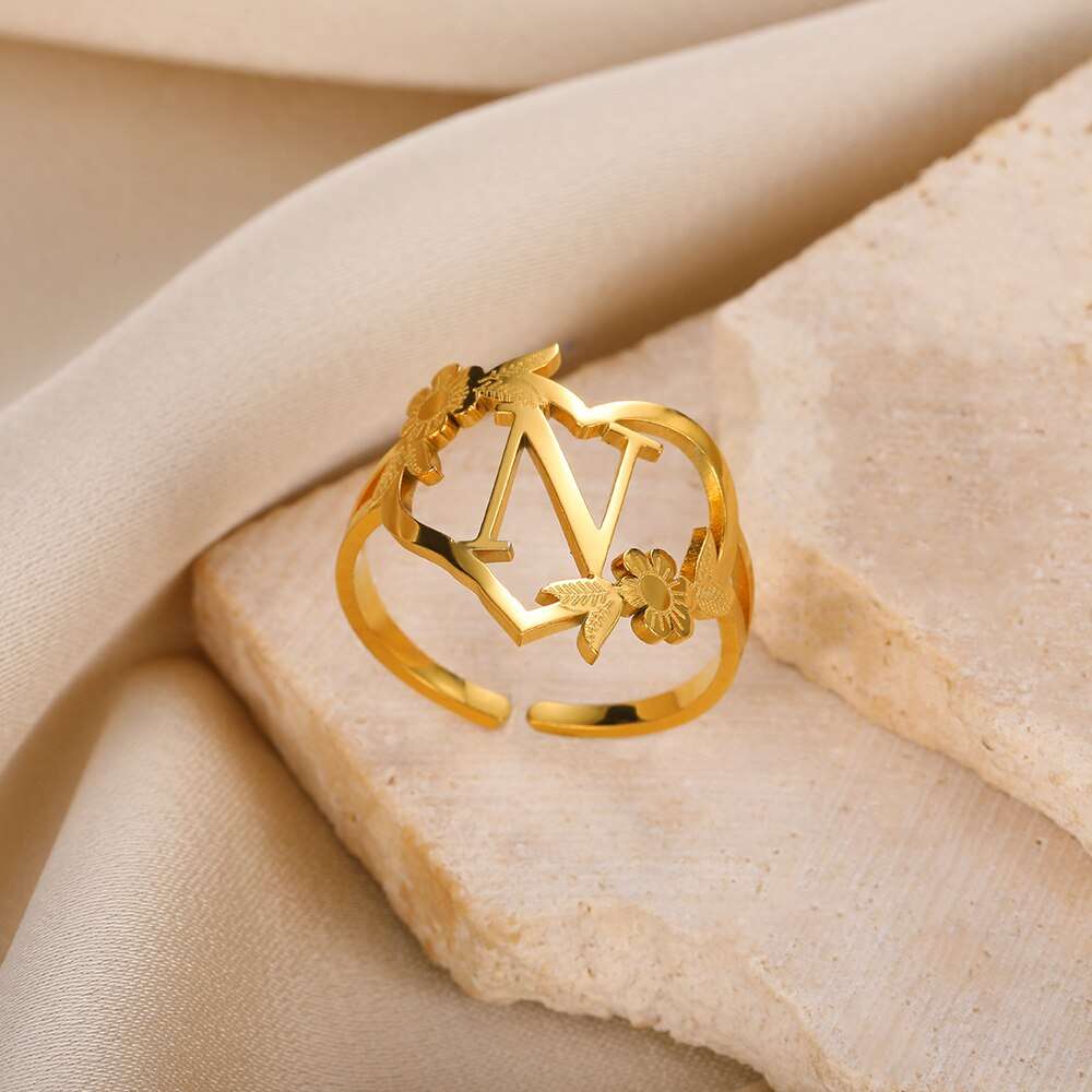 Stainless Steel Initials Flower Heart Rings Gold Color Adjustable Delicate Lett image 13