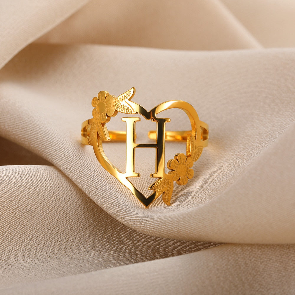 Stainless Steel Initials Flower Heart Rings Gold Color Adjustable Delicate Lett image 27
