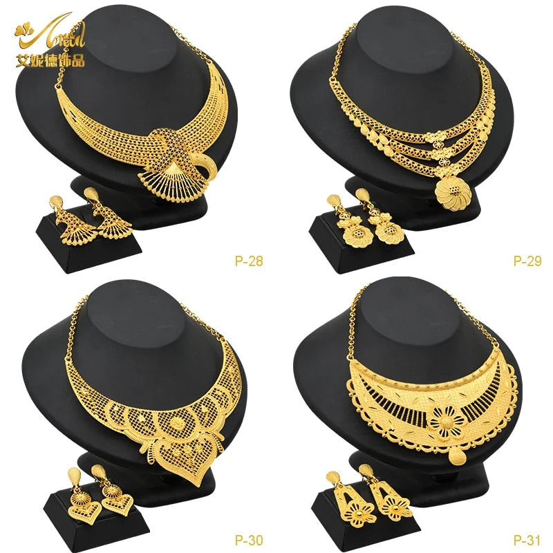 Indian Gold Plated Jewelry Set For Women African Bridal 24K Gold Color Necklace image 5