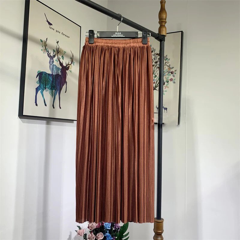 Silver Gold Pleated Skirt Womens Vintage High Waist Skirt 2023 Winter Long Warm image 1