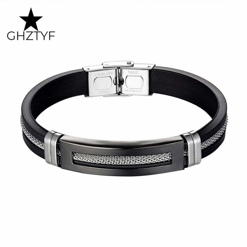 Golden Chain Stainless Steel Bracelets for Men Women Teens Black Rubber Belt Wr image 0