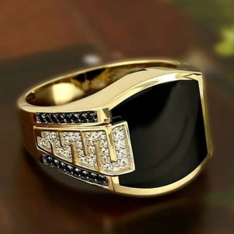 Classic Men's Ring Fashion Metal Gold Color Inlaid Black Stone Zircon Punk Ring image 5